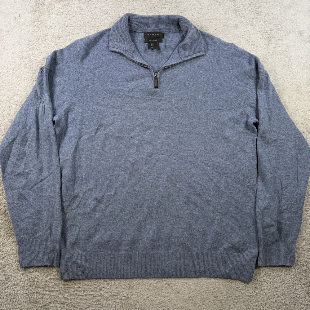 Tahari Sweater Mens Large Blue 100% Cashmere 1/4 Zip Pullover Soft Lightweight